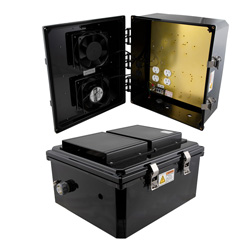14x12x06聚碳酸酯耐候室外IP24 NEMA 3R外壳，120VAC 安装板，固态恒温器控制节电的双风扇， 黑色的图片