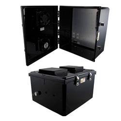 18x16x10聚碳酸酯防风雨室外IP24 NEMA 3R机箱，120 VAC 安装板，机械恒温器85华氏度自动开启风扇，黑色的图片